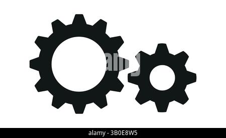 Zwei einfache schwarze Zahnradsymbole in verschiedenen Größen auf weißem Hintergrund, die Einstellungen, Mechanismen, Technik oder Systemkonfiguration darstellen Stock Vektor