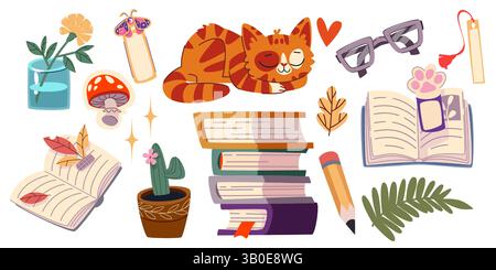 Bücher und schlafende Katze, isoliert auf weißem Hintergrund. Vektor-Zeichentrickillustration von Papier Lehrbücher stapeln, Farbe Lesezeichen und Pflanzen, Bleistift und Brille, Hygge Raum Elemente, Lesen Hobby Stock Vektor