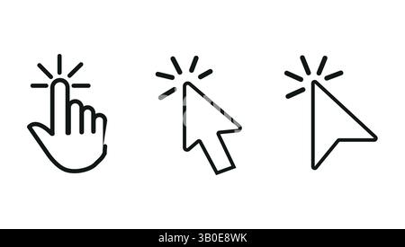 Drei einfache Vektorklicksymbole, die eine Hand und Cursor zeigen, die mit Bewegungslinien klicken, die Aktion, Auswahl, Interaktion oder Navigation darstellen Stock Vektor