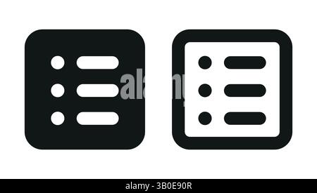 Zwei einfache Vektorsymbole mit Aufzählungslisten-Menüsymbolen in abgerundeten quadratischen Formen, eines ausgefüllten schwarzen und eines umrandeten Symbols, das digitale Symbol darstellt Stock Vektor