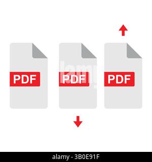 Drei PDF-Dokumentsymbole mit roten Pfeilen nach oben und unten, die das Konzept der Dateiübertragung zum Hochladen und Herunterladen in einem einfachen, flachen Design darstellen Stock Vektor