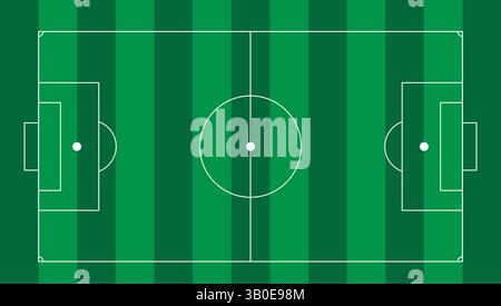 Eine Top-down-Vektoransicht eines Fußballfeldes mit klar markierten Torkästen, Mittelkreis und Feldlinien auf grün gestreiftem Grashintergrund Stock Vektor