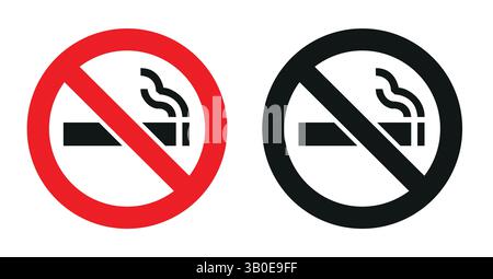 Ein einfaches Vektorbild, das zwei Rauchverbotsschilder zeigt, eines in Rot und eines in Schwarz, wobei ein Zigaretten- und Rauchsymbol zur deutlichen Kommunikation durchgestrichen ist Stock Vektor