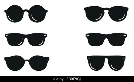 Ein einfaches Vektorset mit sechs schwarzen Silhouette Sonnenbrillen Ikonen in verschiedenen Rahmenformen auf weißem Hintergrund, perfekt für Sommer und Mode Stock Vektor