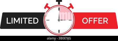 Zeitlich begrenztes Banner mit Stoppuhrensymbol, das die Dringlichkeit in flachem Stil zeigt, schwarzes und rotes Etikett für Werbeaktionen oder Flash-Sale-Designs Stock Vektor
