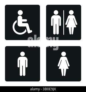 Schilder für Toiletten mit Rollstuhl, Symbole für Männer und Frauen in schwarzen Quadraten, flaches, einfaches Design für Schilder für öffentliche Einrichtungen Stock Vektor