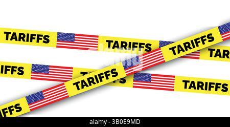 Gelbes Warnband mit den Worten Zölle und Flaggensymbole als Symbol für Handelsbeschränkungen oder das Konzept wirtschaftlicher Handelshemmnisse Stock Vektor