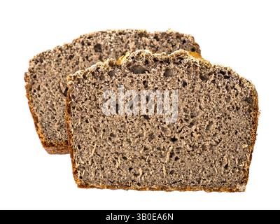 Zwei Scheiben gesundes, frisch gebackenes glutenfreies Bio-Brot. Stockfoto