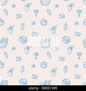 Sea LIFE Doodle Hand gezeichnetes nahtloses Muster. Mediterranes Leben in blauer Farbe Stock Vektor