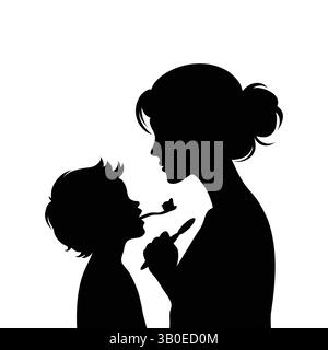 Mutter und Kind, die Zähne putzen Silhouette, Muttertagsfeier Stock Vektor
