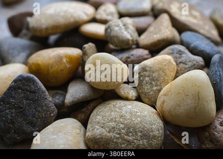 Nahaufnahme von Kieselsteinen in verschiedenen Größen und Formen, mit natürlichen Farben und glatten Oberflächen, vor einem unscharfen Hintergrund. Stockfoto
