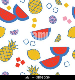 Nahtloses Muster mit Sommerfrüchten mit farbenfrohen Illustrationen von Wassermelonen, Zitrusscheiben und Eiswürfeln Stock Vektor