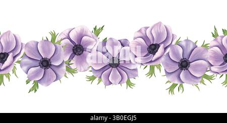 Nahtloser Rand mit Aquarellvioletten Anemonen und grünen Blättern. Handgezeichnete botanische Illustration isoliert auf weißem Hintergrund. Stockfoto