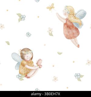 Aquarellmuster Blumenfeen Mädchen fliegen mit Schmetterlingen. Die Illustration ist handgezeichnet im Cartoon-Stil. Nahtloses Drucken von Kindern auf isoliert Stockfoto