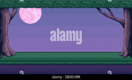 Bäume bei Nacht Pixel Kunsthintergrund. Wald mit 2D-Hintergrund für 8-Bit-Retro-Videospiele oder mobile Anwendungen. Nahtlos beim horizontalen Andocken Stock Vektor