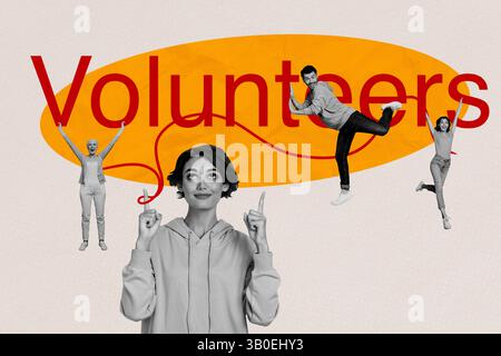 3D-Foto-Collage Vorlage Trend-Kunstwerk Skizze der Gönnerheit Großzügigkeit Unterstützung Wohltätigkeitsspende junge Dame Mann Team Lächeln Freiwillige Stockfoto