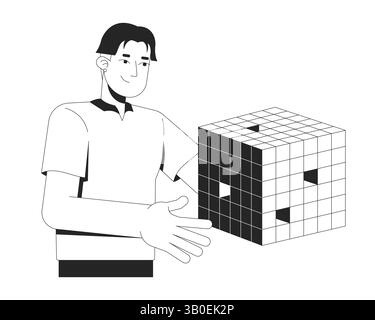 Asiatischer Mann mit schwebendem digitalen Datenwürfel, 2D-Linienzeichen Stock Vektor