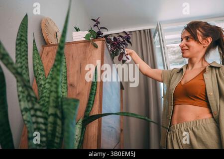 Frau mit gebundenen braunen Haarspray Zimmerpflanzen von hinten in weich beleuchtetem Raum mit Holzschrank und Topfblumen, Heim Wellness, Indoor Gartenarbeit Stockfoto