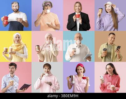 Collage vieler Menschen, die Kaffee trinken auf farbigem Hintergrund Stockfoto