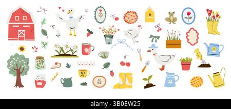 Rustikale Cottage-Dekoelemente für Frühlings- und Gartendesign-Projekte. Stock Vektor