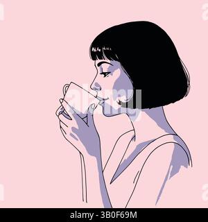 Frau genießt einen warmen Drink. Ein ruhiger Moment der Entspannung und des Friedens. Eine Frau genießt einen ruhigen Kaffeemoment. Stock Vektor