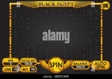 Ägypten Golden-Black Slot UI. Slots-Menü mit Standardtasten für die Spielentwicklung in Gold-Schwarz-Farben. Casino Slots Gameplay Hauptbildschirm Stock Vektor