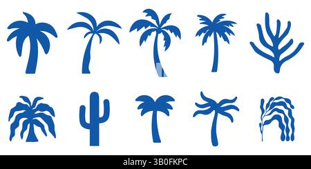 Blaue tropische Palmen- und Kaktussilhouetten – minimales botanisches Vektorset Stock Vektor