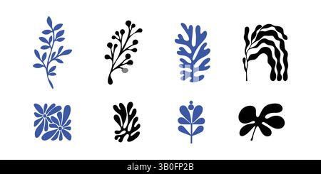Modernes Botanical Abstract Leaf | Blumensilhouette Set – Blau Und Schwarz Vektor Stock Vektor