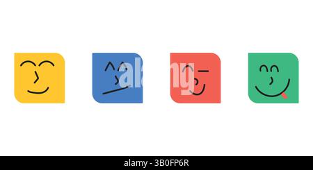 Minimalistische Bunte Quadratische Emoji-Symbole – Ausdrucksstarke Gesichter Vektor-Set Stock Vektor