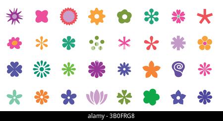Bunte Retro Blume Power Vektor Symbolsatz. Vintage-Blumendesign-Elemente in verschiedenen Formen und Farben. Vektorabbildung Stock Vektor