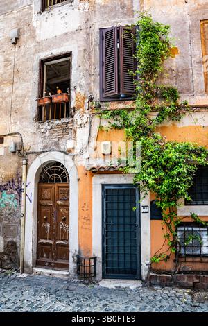 Malerischer Blick auf eine ruhige Gasse mit Efeu-bedeckten Wohnhäusern und üppiger Vegetation im Viertel Trastevere in Rom, Italien. Stockfoto