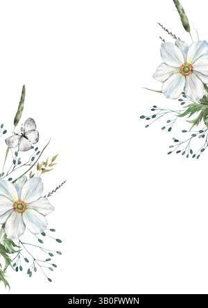 Zarte weiße Anemonen, Feldgräser und trockene Pflanzen, weißer und grauer Schmetterling. Aquarellrahmen mit Kompositionen an den Kanten, für Hochzeit Stockfoto