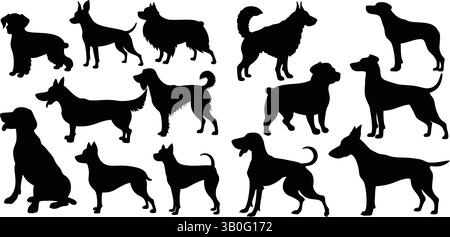 Hunderasse Silhouetten in sitzenden und stehenden Positionen – Vector Clipart Collection Stock Vektor