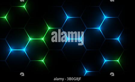 Sechseckiger Gaming Honeycomb abstrakter Hintergrund mit blauen und grünen Lichtern Stock Vektor