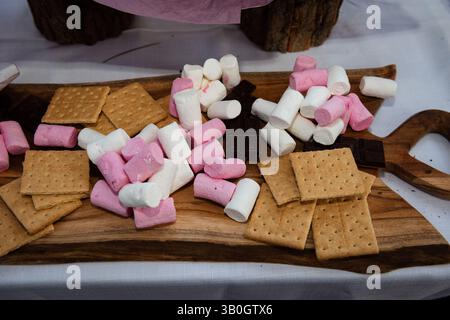 Zutaten für beliebte Süßigkeiten wie Marshmallows, Schokolade und graham Cracker. Stockfoto