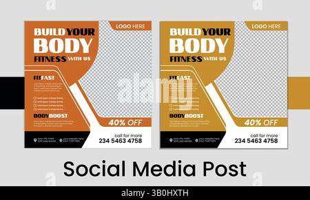 Social-Media-Beitrag zur Förderung der Fitness mit muskulösem Mann, der Langhantel für Werbung hält Stock Vektor