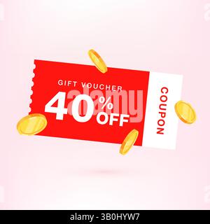 3D-Rabattgutschein mit Gutschein. Couponvektor. Rabattcoupon. Geschenkgutschein 3D-Design mit Rabatt in Prozent. Stock Vektor