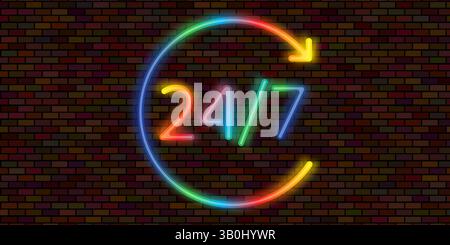 Vektor 24 Stunden mit Pfeilschleifensymbol, 24 Stunden zyklisches Zeichen, Ausführung oder Lieferung geöffneter Aufträge, ganztägiger Betrieb und Service. Heller Pfeil bann Stock Vektor