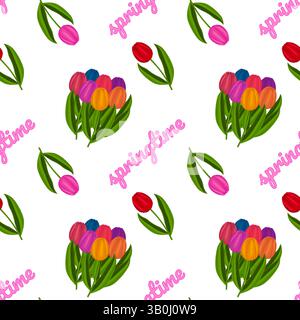 Lebendiges, nahtloses Blumenmuster mit 3D-Frühlingsblumen - bunten Tulpensträußen und - Frühling - Text auf weißem Hintergrund. Perfekt für Spri Stock Vektor