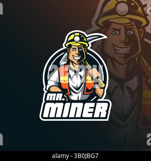 Miner Vektor Maskottchen Logo Design mit modernem Illustrationskonzept Stil für Abzeichen, Emblem und T-Shirt Druck. Abbildung: Smart Miner. Stock Vektor