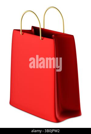 Stilvolle rote Einkaufs- oder Geschenktasche mit eleganten goldenen Griffen, isoliert auf weißem Hintergrund. Perfekt für Branding und saisonale Werbeaktionen Stockfoto