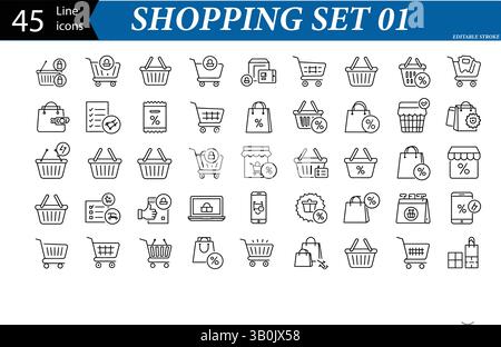 45 Symbolsatz Für Einkaufslinien – Warenkorb, Warenkorb, Verkauf, Rabatt, Geschäft, E-Commerce-Vektorsymbole Stock Vektor