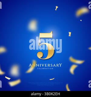 5 Jahre Jubiläumsfeier, 5 Jahre Jubiläumsfeier auf rotem Hintergrund für Feier Ereignis, festliche Illustration, goldene Zahl 5 Funken Stock Vektor