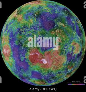 5. Januar 2011 - Venus - Eine halbkugelförmige Ansicht der Venus wurde aus mehr als einem Jahrzehnt Radaruntersuchungen erstellt, die in der Magellan-Mission 1990-1994 gipfelten und sich auf den Nordpol des Planeten konzentrieren. Das Magellan-Raumschiff hat mehr als 98 Prozent des Planeten Venus abgebildet und ein Mosaik der Magellan-Bilder (meist mit Beleuchtung aus dem Westen) bildet die Bildbasis. Lücken in der Magellan-Abdeckung wurden mit Bildern des erdbasierten Arecibo-Radars in einer Region gefüllt, die etwa auf 0 Grad Breite und Länge zentriert war, und mit einem neutralen Ton an anderer Stelle (hauptsächlich in der Nähe des Südpols). Diese Co Stockfoto