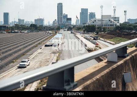 Bangkok, Thailand - 16. November 2019 : die Baustelle von Eisenbahngleisen für Eisenbahnzüge in Bangkok ist eine große Infrastruktur für den Transport Stockfoto