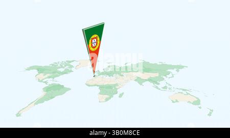 Portugal auf der globalen Karte mit 3D-Flag Position Pin von Portugal hervorgehoben. Das Bild symbolisiert Reisen, Geografie, internationale Identität und globale n Stock Vektor