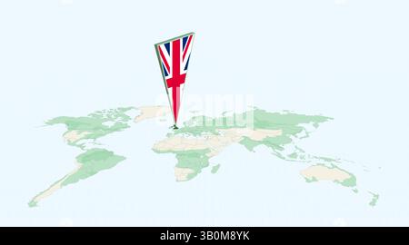Hervorgehoben Großbritannien auf der globalen Karte mit 3D-Flag Position Pin von Großbritannien. Das Bild symbolisiert Reisen, Geografie, internationale Identität, Stock Vektor