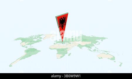 Albanien auf der globalen Karte mit der 3D-Flaggenposition von Albanien hervorgehoben. Das Bild symbolisiert Reisen, Geografie, internationale Identität und globales Navigationssystem Stock Vektor