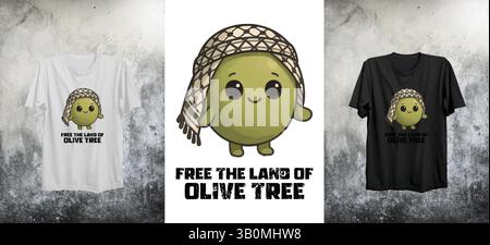 Ein Design aus weißem T-Shirt mit der palästinensischen Frucht-Olive und befreien das Land von Olivenbäumen, geschrieben in schwarzen Buchstaben. Stock Vektor