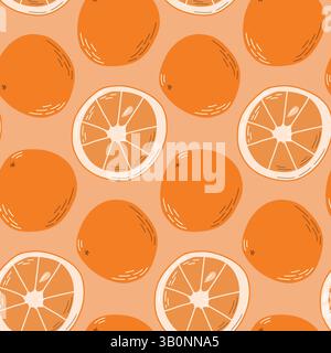 Nahtloses Muster von handgezeichneten Orangen und Orangenscheiben in hellen warmen Tönen Stock Vektor